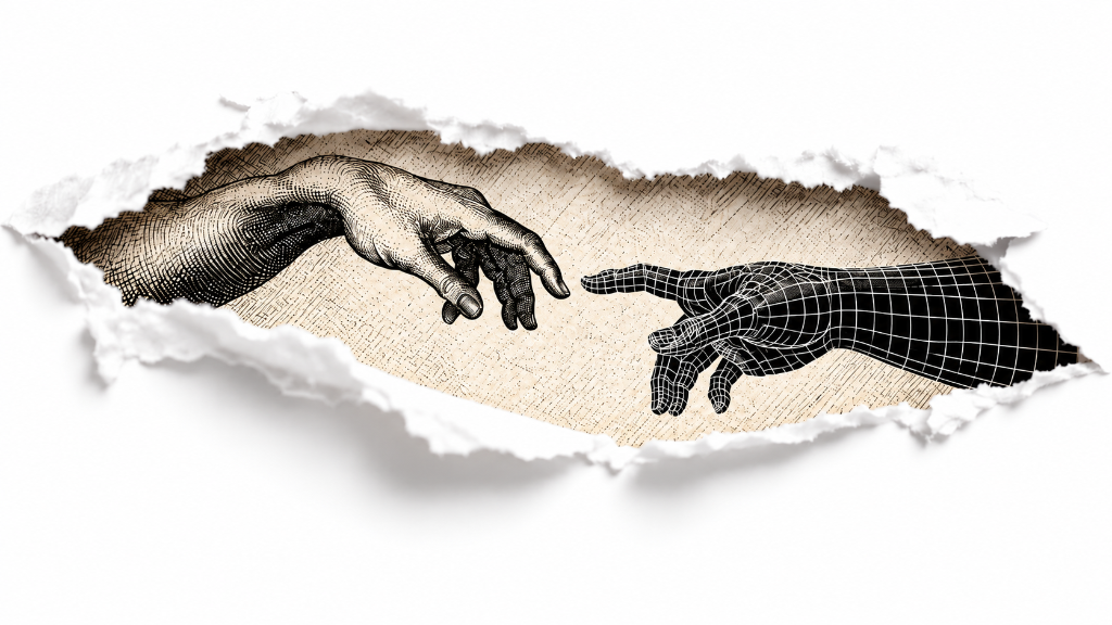 Engraved hand reaching through torn paper toward a wireframe digital hand