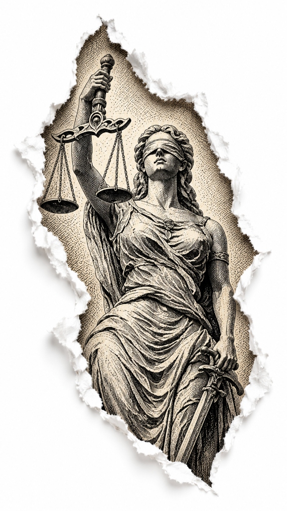 Engraved figure of Lady Justice with scales and sword seen through torn paper